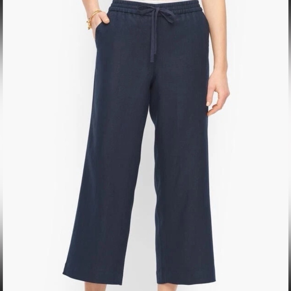 Talbots Linen Wide Leg Crop Pants Navy Blue Size 8